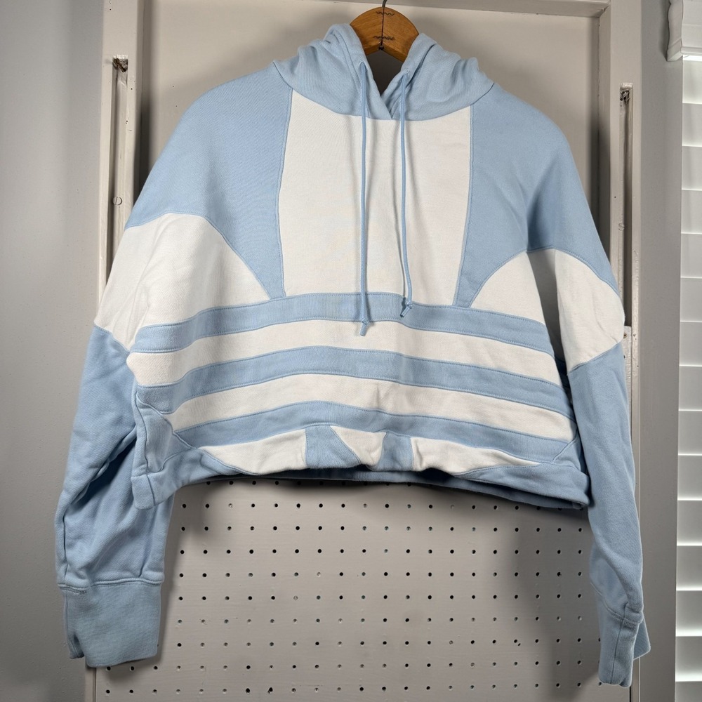 Adidas Originals Hoodie Womens Medium Sky Blue Trefoil Logo Fleece Lined Cropped